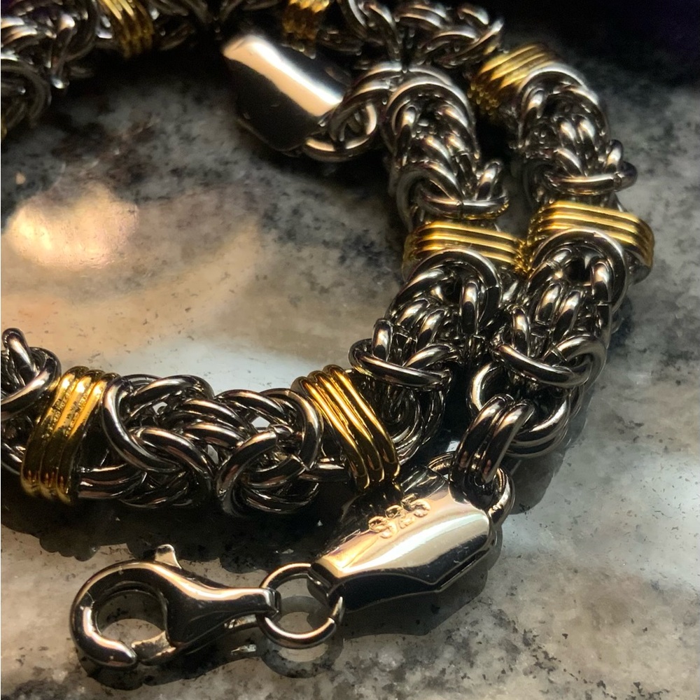 ♥️Brand new, stamped 925 silver with 18k plated gold Byzantine bracelet. - Picture 3 of 5